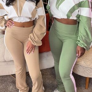 Stylish Women's Tan and Green Pants Set